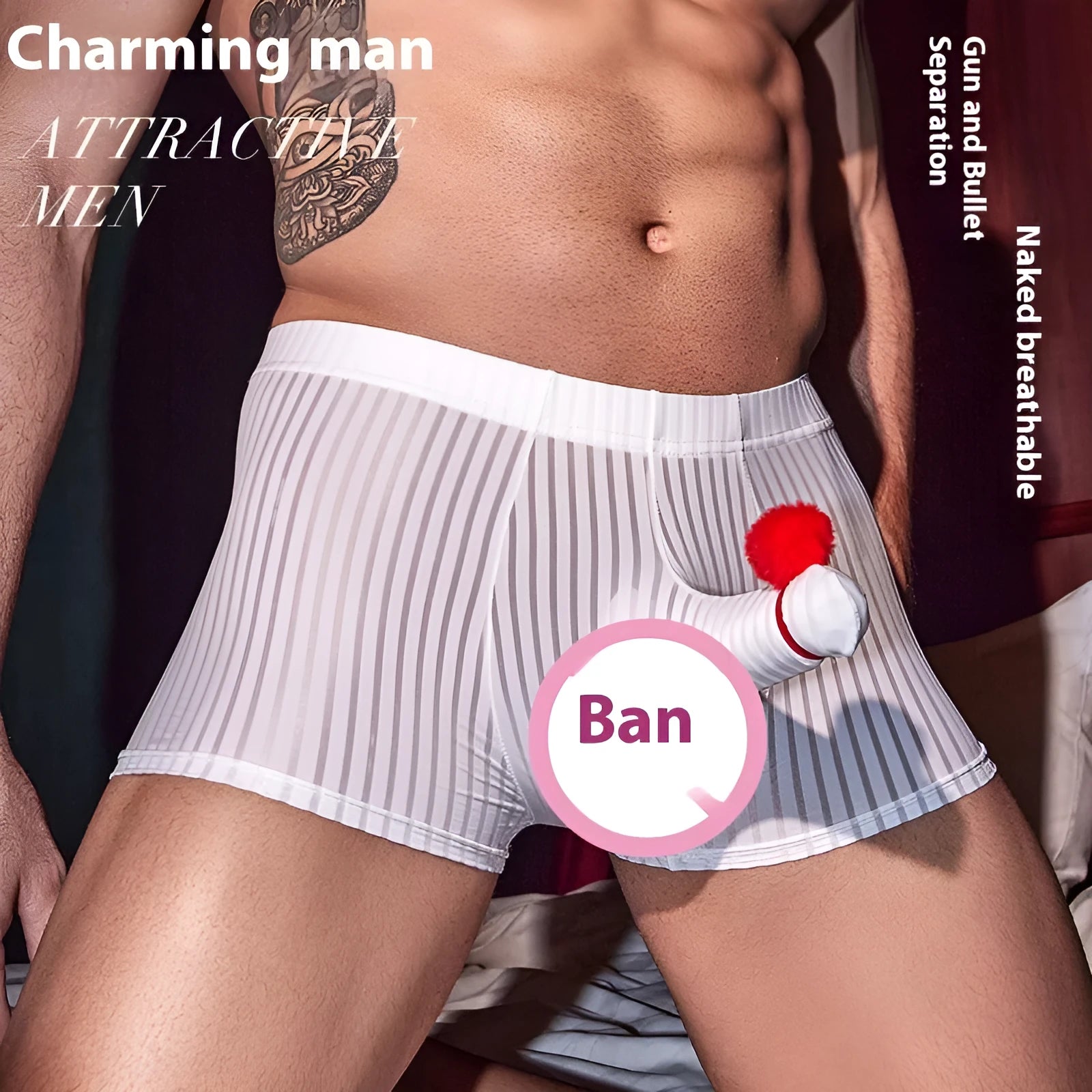 Men's black striped nylon boxer briefs laid flat, showing elastic waistband and leg openings.