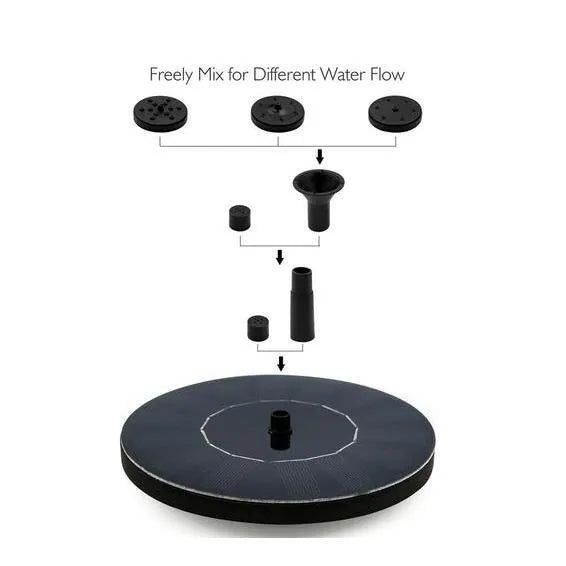 Black solar garden fountain pump with panel and four spray nozzles on grass