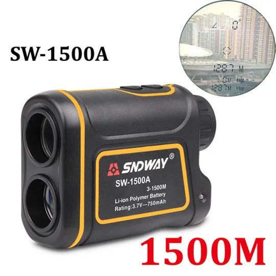 Handheld outdoor golf rangefinder measuring device showing compact design
