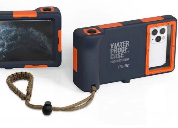 Orange waterproof mobile phone case for Apple and Samsung smartphones with transparent PC PET construction