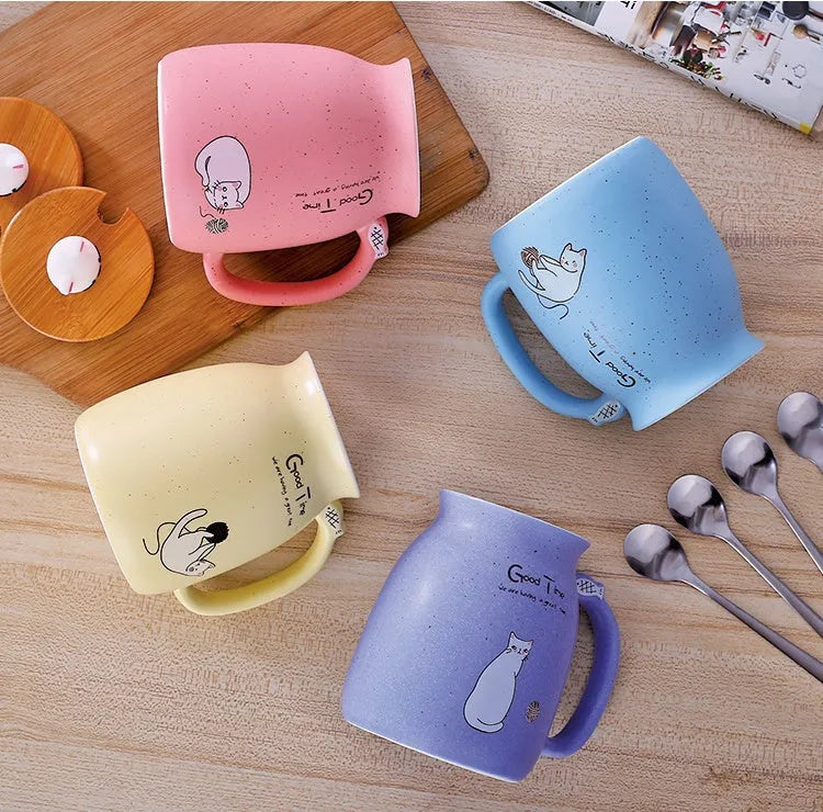 450ml cartoon ceramics cat mug with lid and spoon in pink