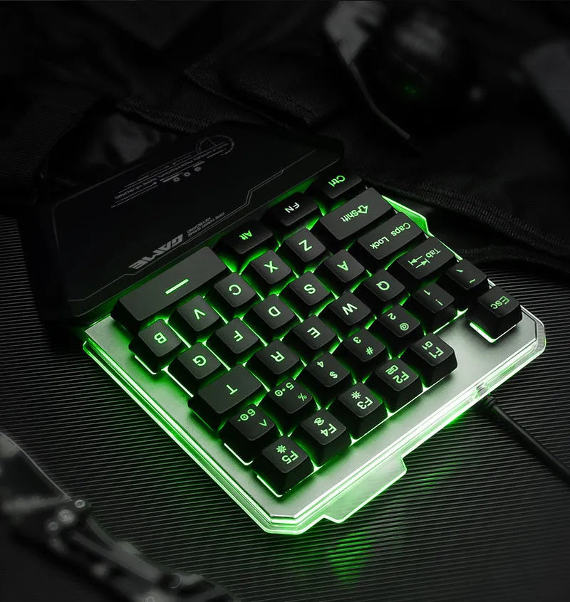 Black robotic one-handed keyboard with RGB backlit keys and a USB cable.