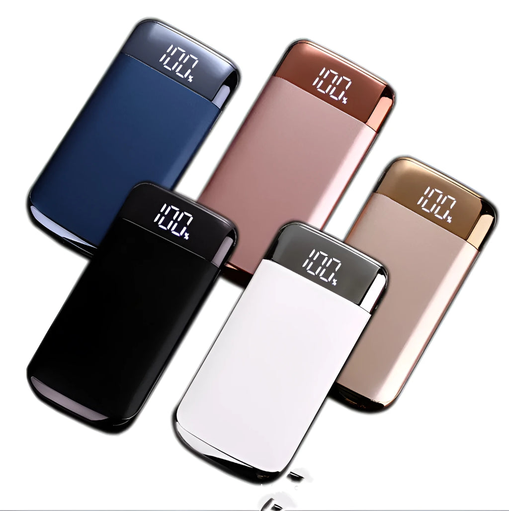 Square alloy-cased power bank with digital display and multiple USB ports in five colour options.