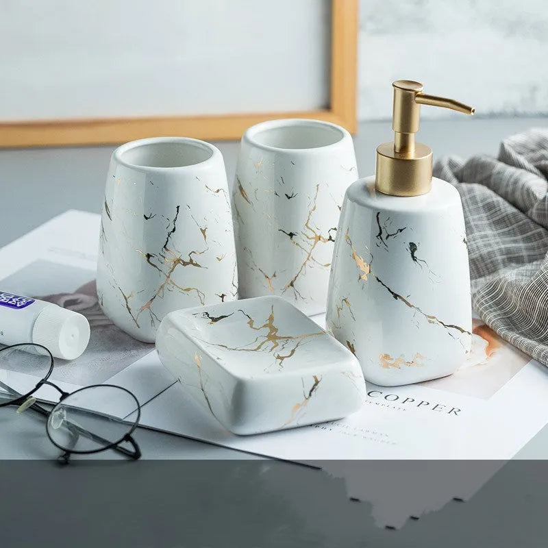 Ceramic bathroom wash set with decal decoration in black, blue and white colour options