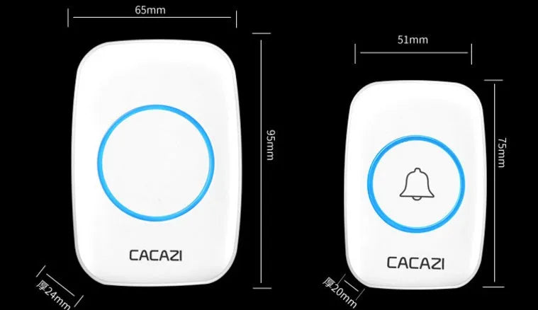 White wireless plug-in doorbell receiver and black push button transmitter with 300m range.