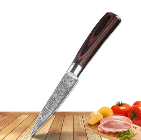 7Cr17 stainless steel kitchen knife with laser Damascus pattern blade and coloured wood handle
