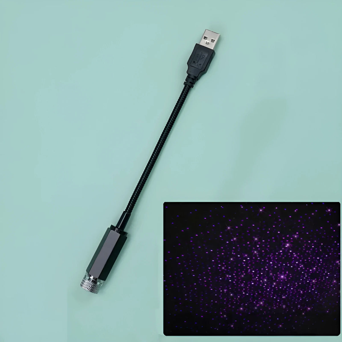 LED car roof star night projector light with purple glow on ceiling