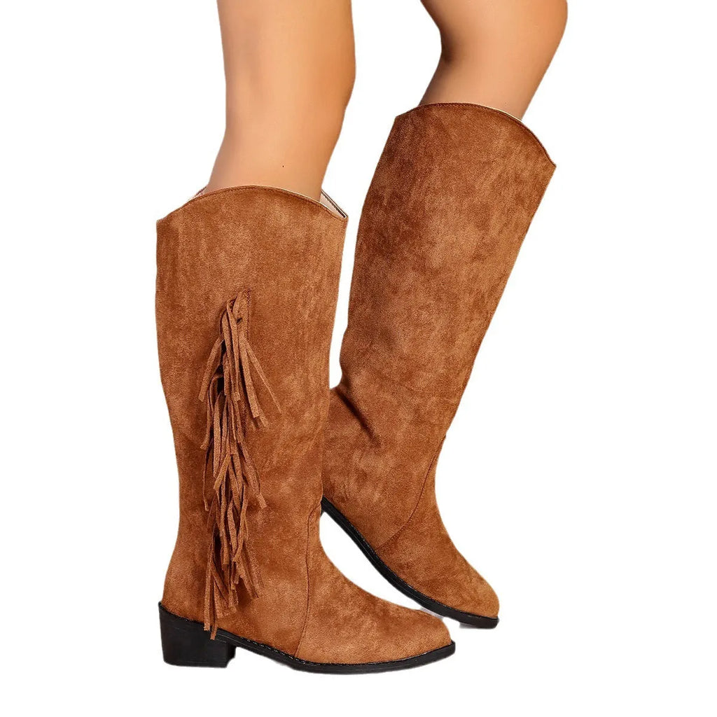 Women's winter fringe chunky heel western boots in black PU with tassel detail and pointed toe