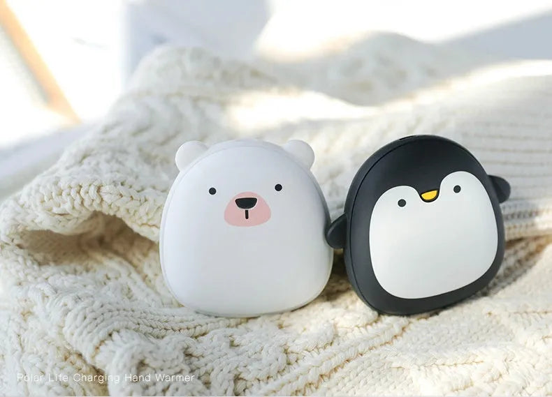 Cartoon penguin polar bear design USB rechargeable electric hand warmer power bank showing double-side heating