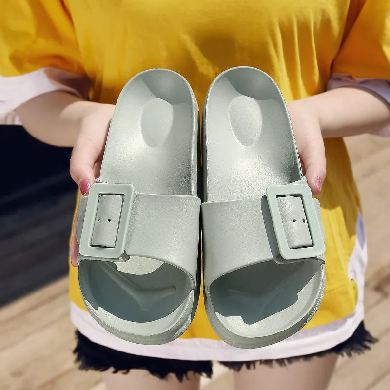 Women's grey blue buckle slippers with soft EVA sole and adjustable fastening