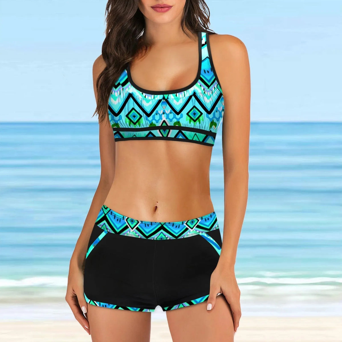 Women's polyester bikini set with digital pattern print, solid colour, sleeveless top and matching shorts