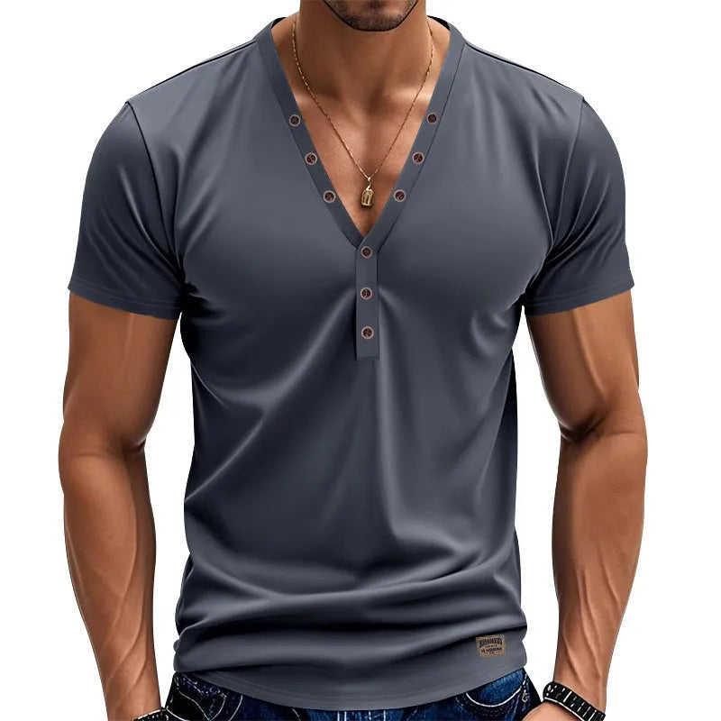 Men's loose fit solid colour v-neck pullover top on a hanger