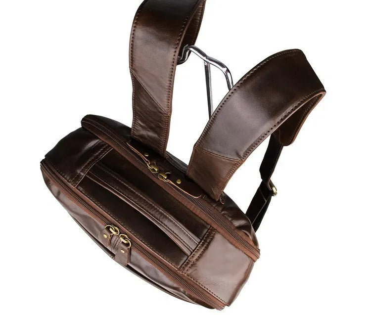 Top layer leather computer backpack in brown, fits 15 inch laptop, 29cm length 38cm height compact business daypack