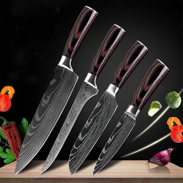 7Cr17 stainless steel kitchen knife with laser Damascus pattern blade and coloured wood handle