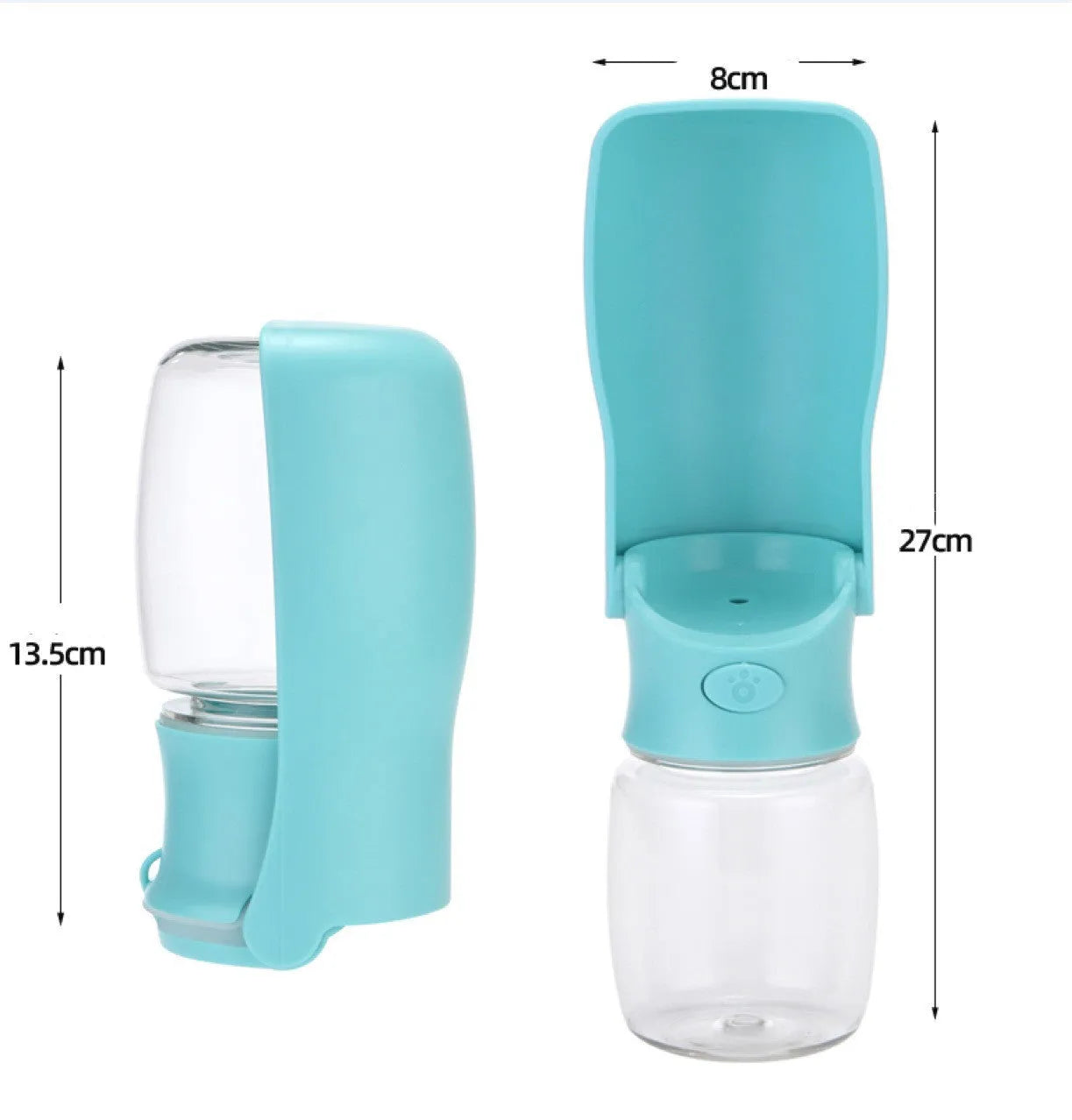 Foldable plastic dog water bottle dispenser in blue, pink, or white with 350ml or 550ml capacity
