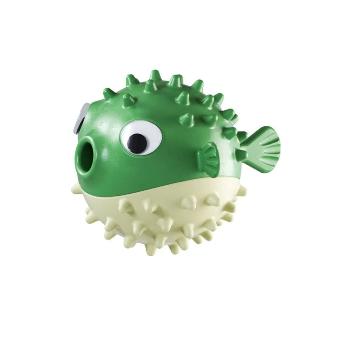 Yellow fish-shaped dog chew toy with textured surface and squeaker for aggressive chewers