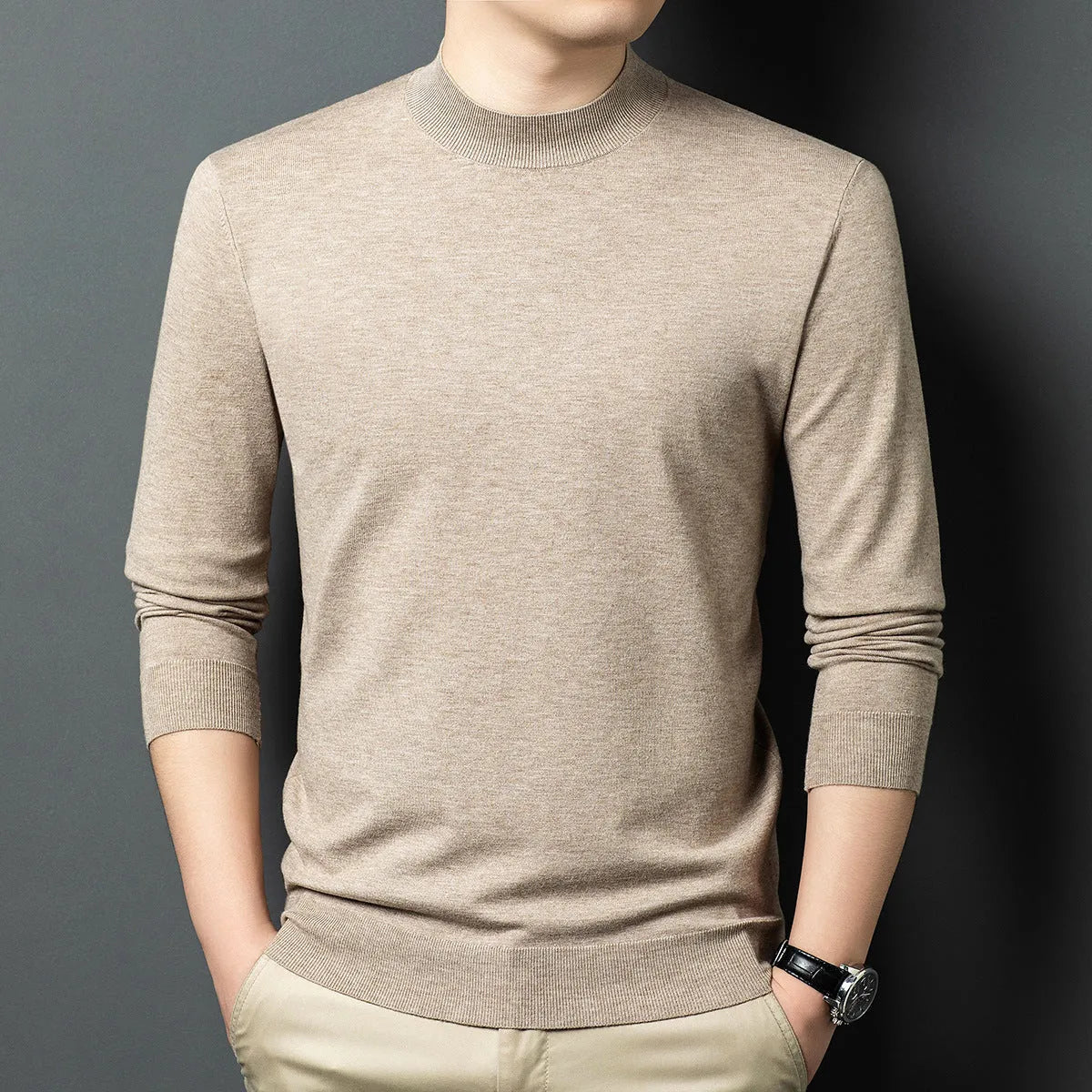 Men's round neck long sleeve sweater in wool and mulberry silk, shown in a choice of colours for winter.