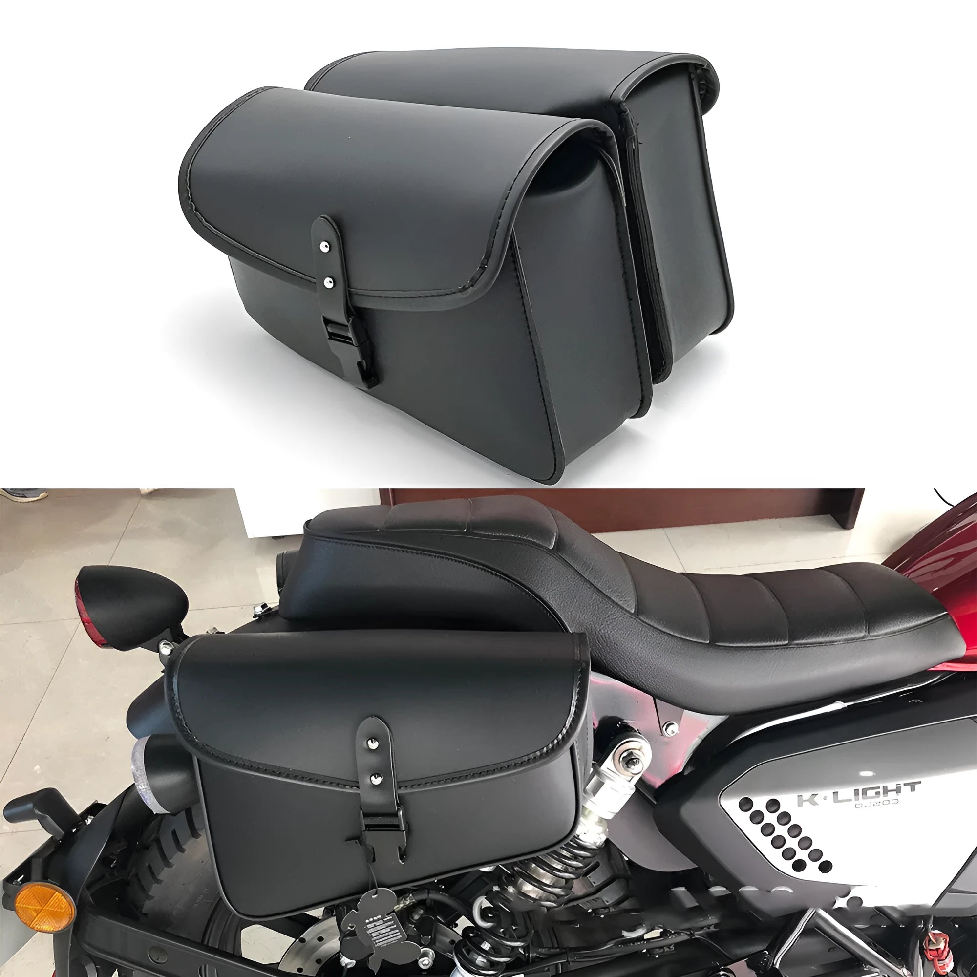 Black PU leather motorcycle swingarm saddlebag mounted on Harley Davidson Sportster