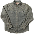 Aqua Blue men's washed denim shirt with geometric embroidery and Western styling