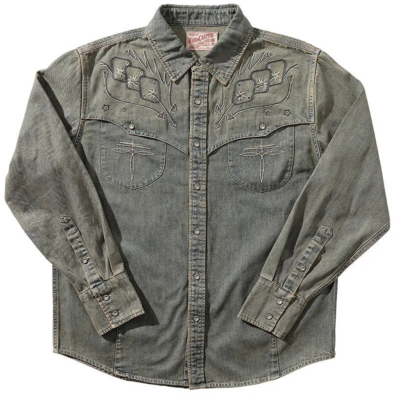 Aqua Blue men's washed denim shirt with geometric embroidery and Western styling