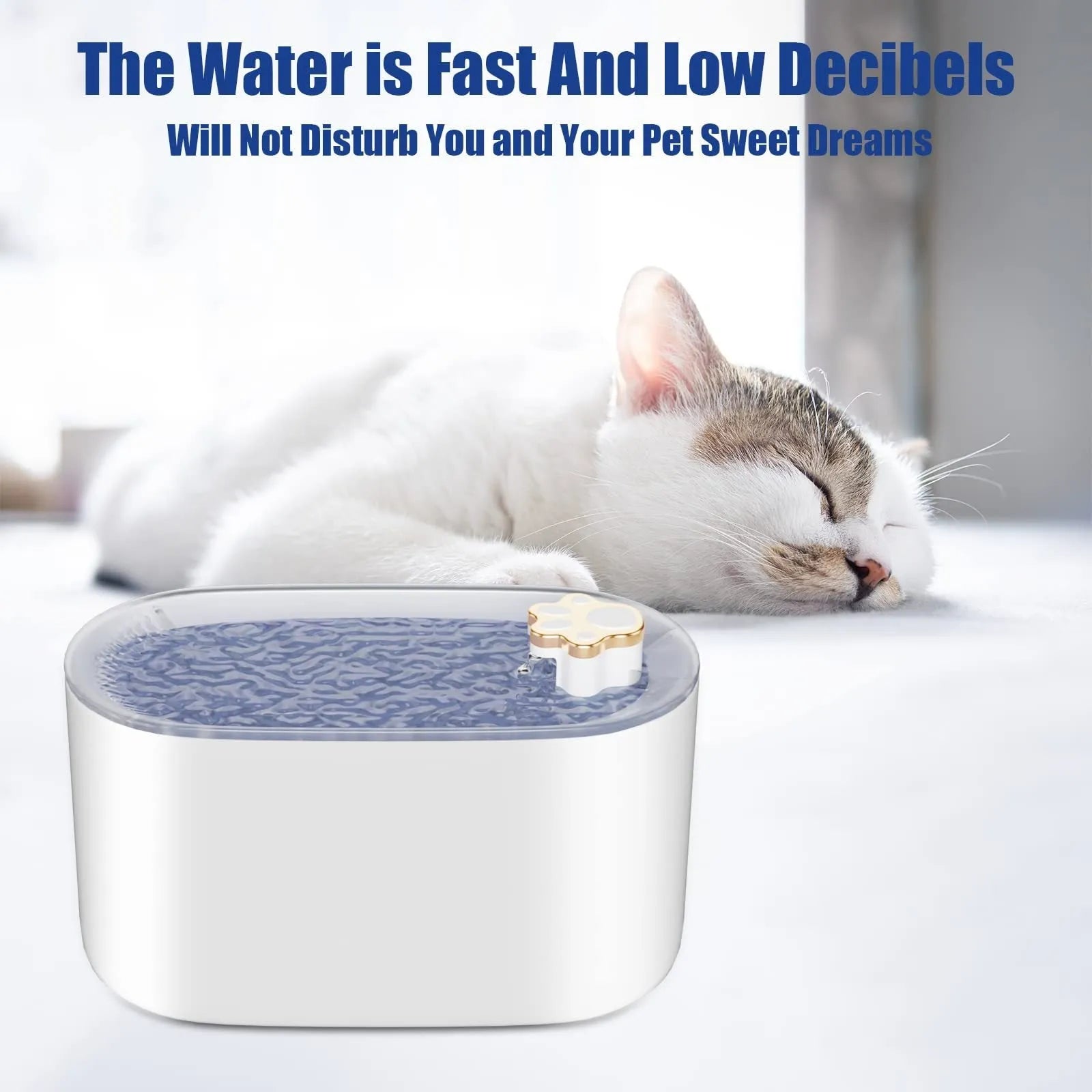 Berlin blue automatic pet water fountain with triple filter and LED light on a wooden floor.