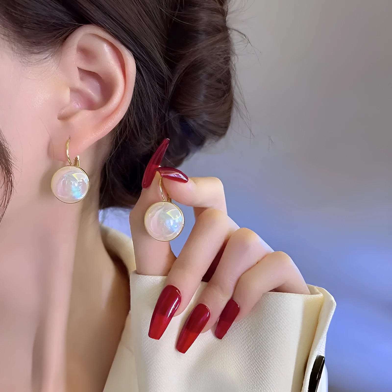 Korean style geometric metal ear clips with colourful mermaid finish and clip-on design