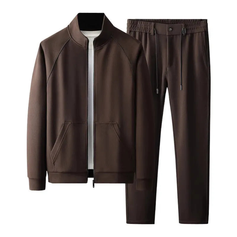 Men's slim fit stand collar casual sports suit two-piece set in black.