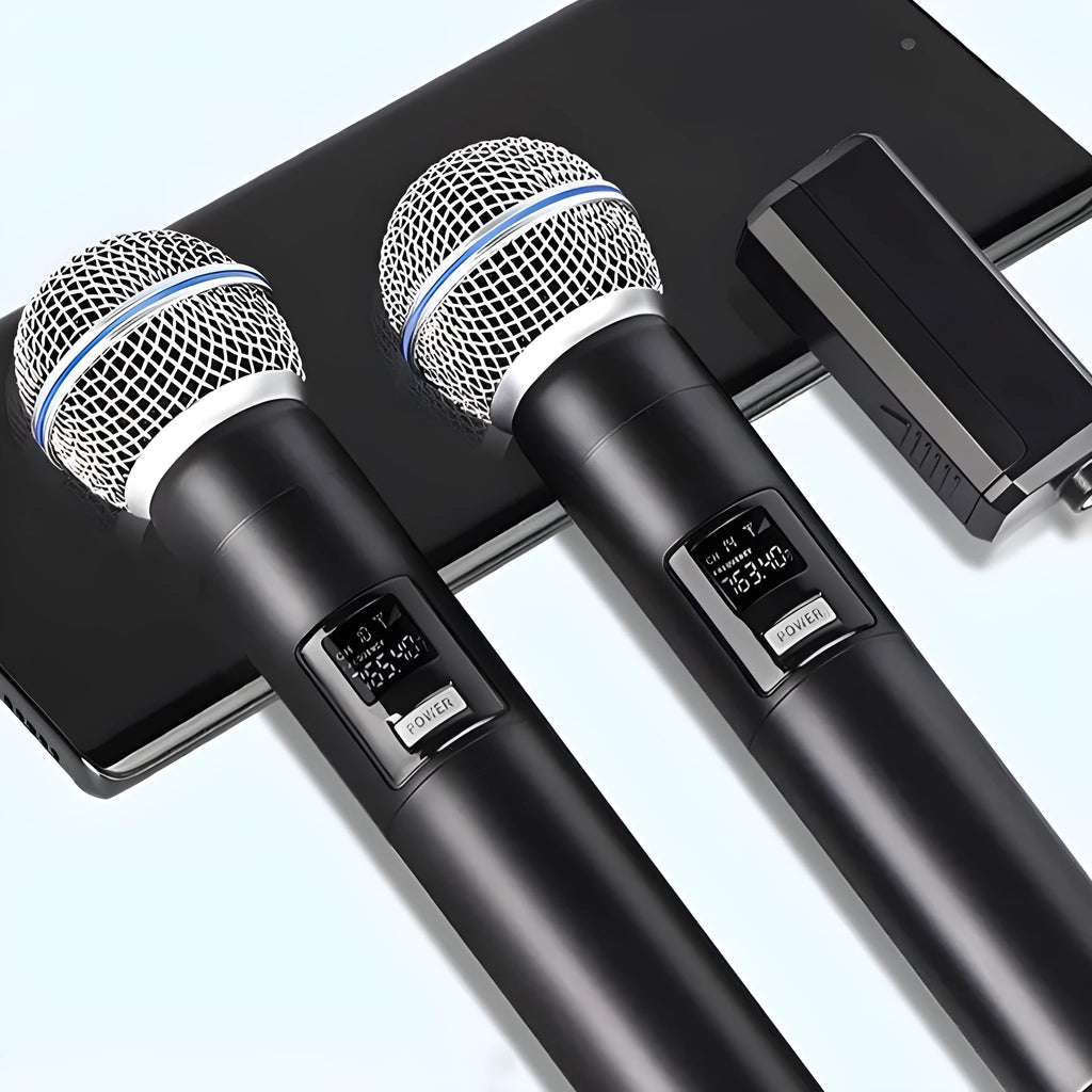 2.4G wireless handheld microphone set with two microphones and one receiver, noise reduction, rechargeable battery, silver network.