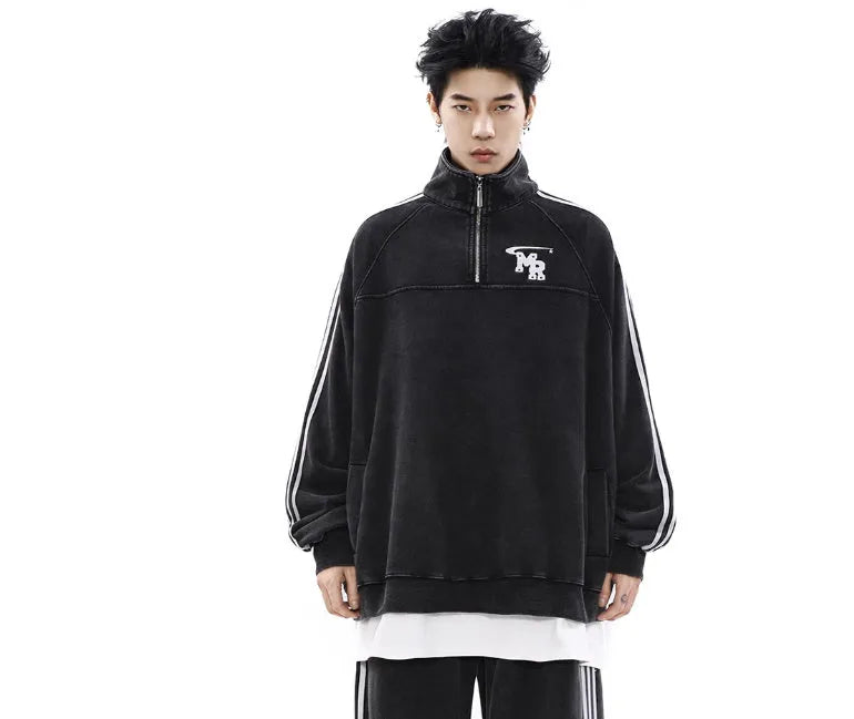 Black Hong Kong style hoodie with stand collar and long sleeves for casual sports wear