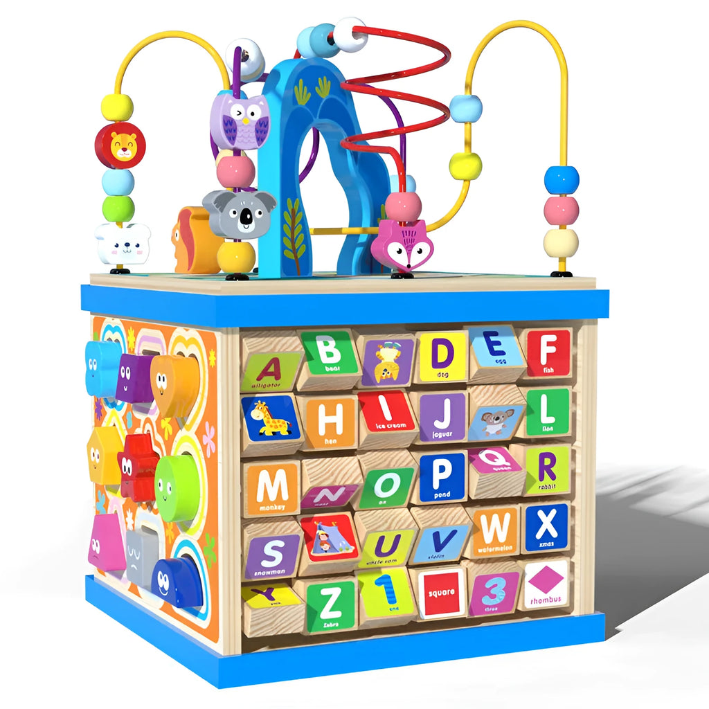 Blue wooden bead treasure box toy with multiple play scenes for babies and children
