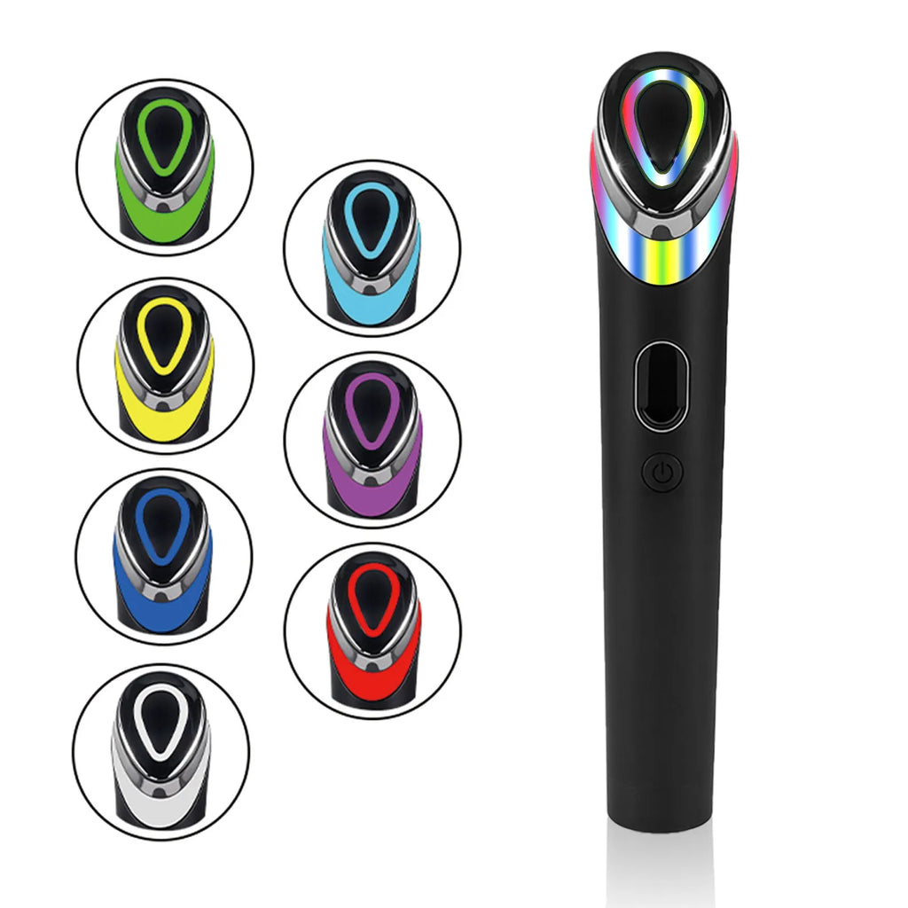Black eye massager device with LED lights for vibration facial massage and red blue light therapy.