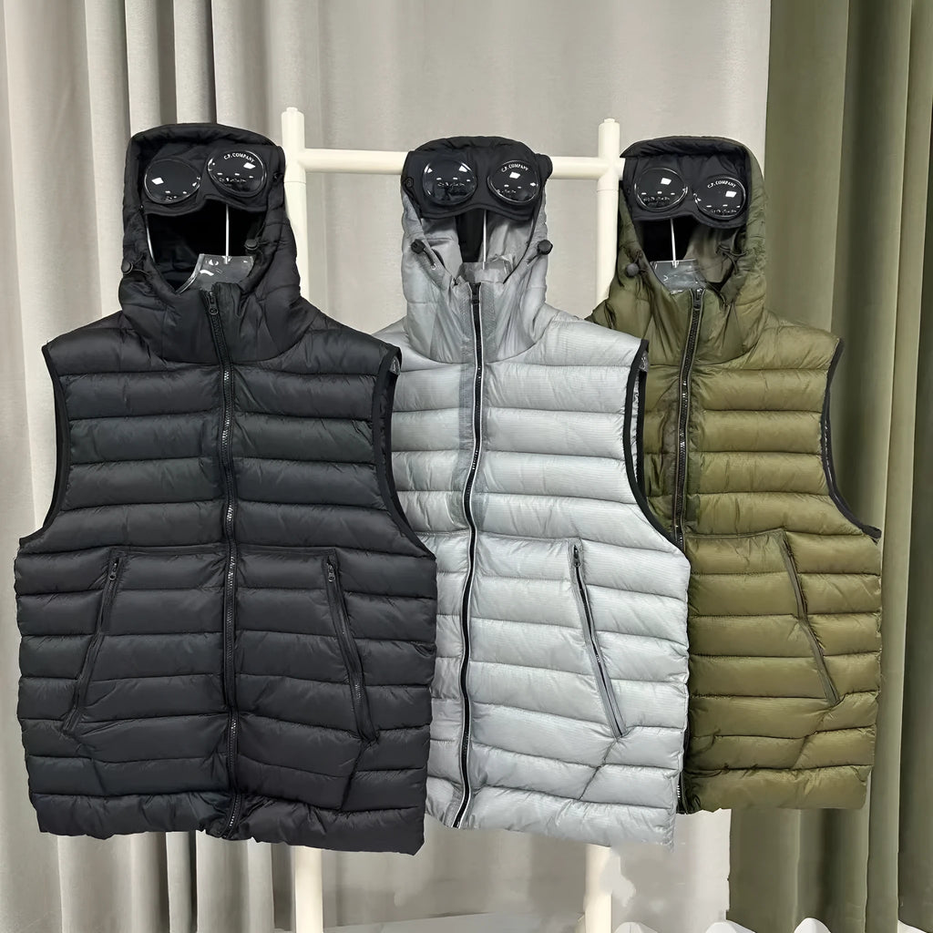 Men's loose hooded cotton vest jacket in black, side view, showing hood and zip closure