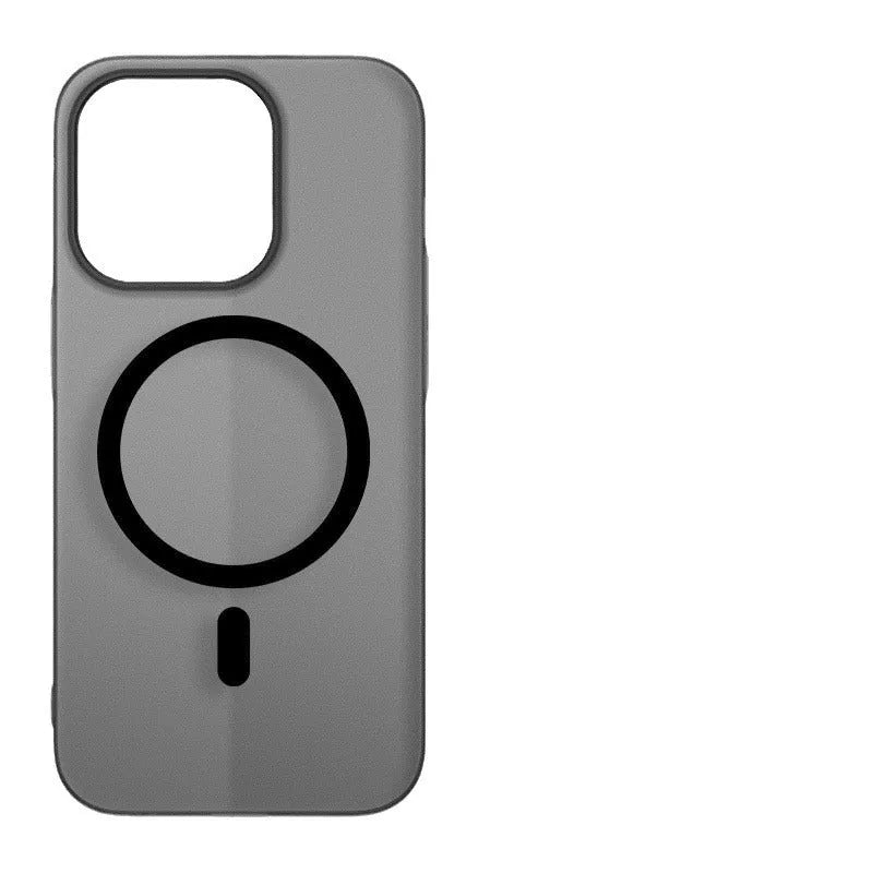 Ultra-thin frosted PC magnetic phone case with built-in magnet, shockproof design, in Ice Mist Black, for iPhone 12-17 series.