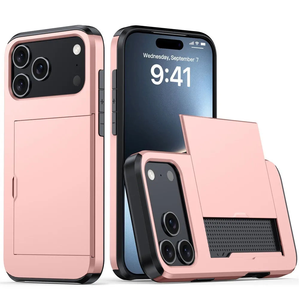 iPhone case with a sliding card cover open, shown in Army Green colour on a table.