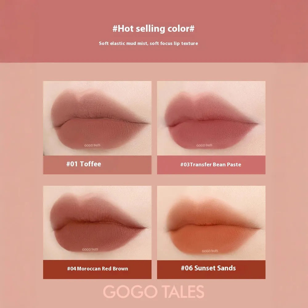 Striped tube vintage velvet matte lipstick in 8 shades including toffee, cocoa brown, and Morocco red brown.