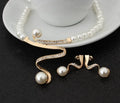 Gold pearl necklace and earrings set with drop-shaped pendant and electroplated finish