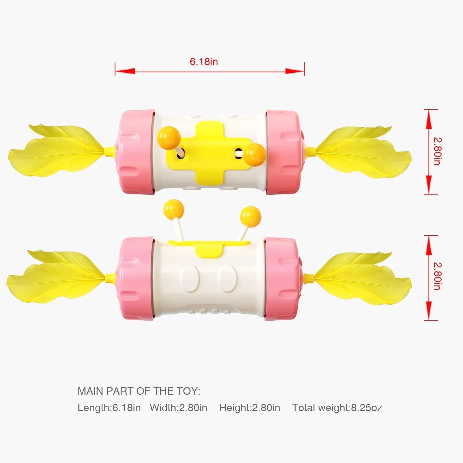 Colourful interactive cat toy with feather ball, stick pole, and tumbler on a flat surface.