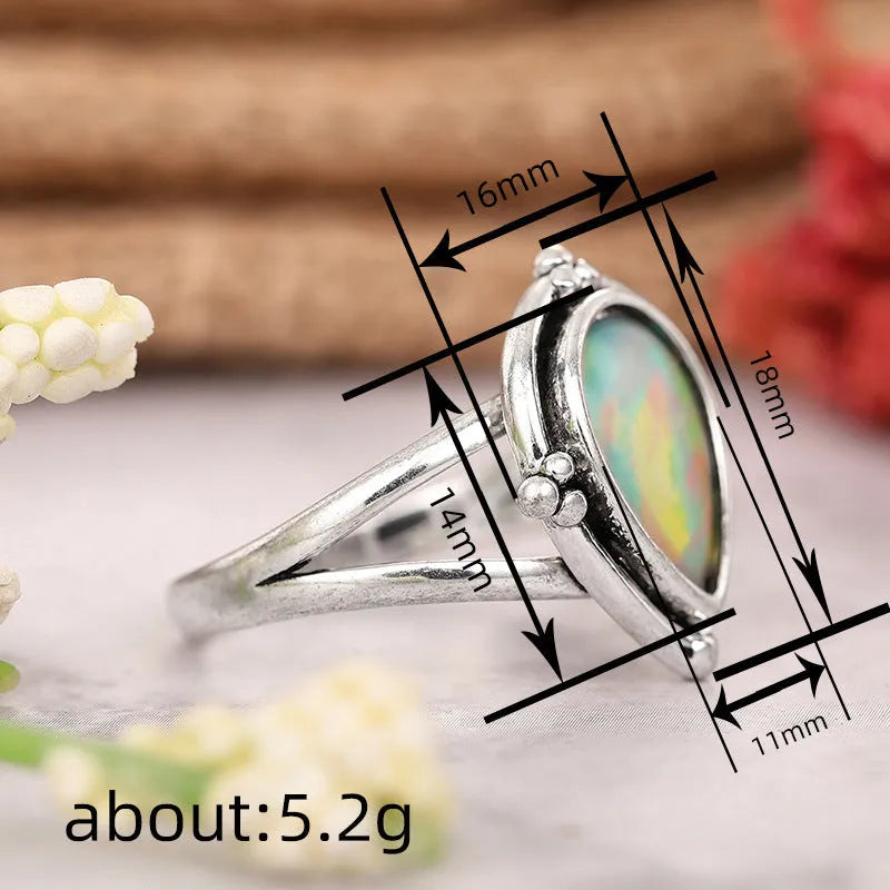Women's antique-style copper ring with water drop and geometric design, electroplated silver finish, sizes No 6 to No 10