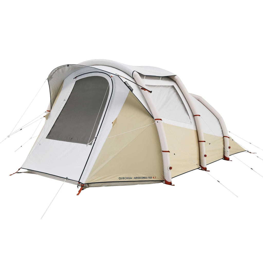 Inflatable 4-person camping tent with rainfly and hand pump for outdoor use