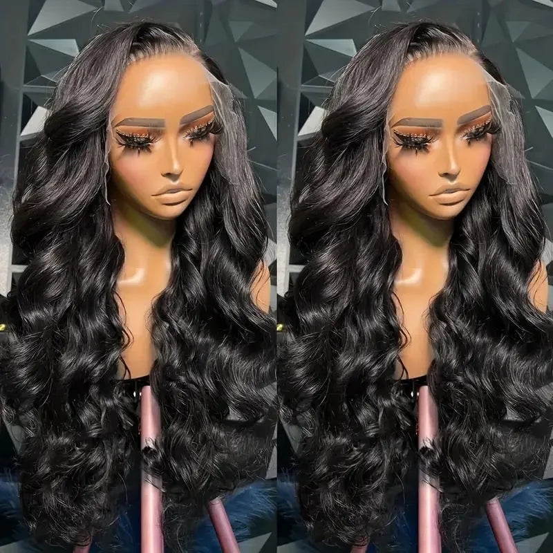 Black synthetic full-head wig with medium-length hair and large, curly waves on a display.