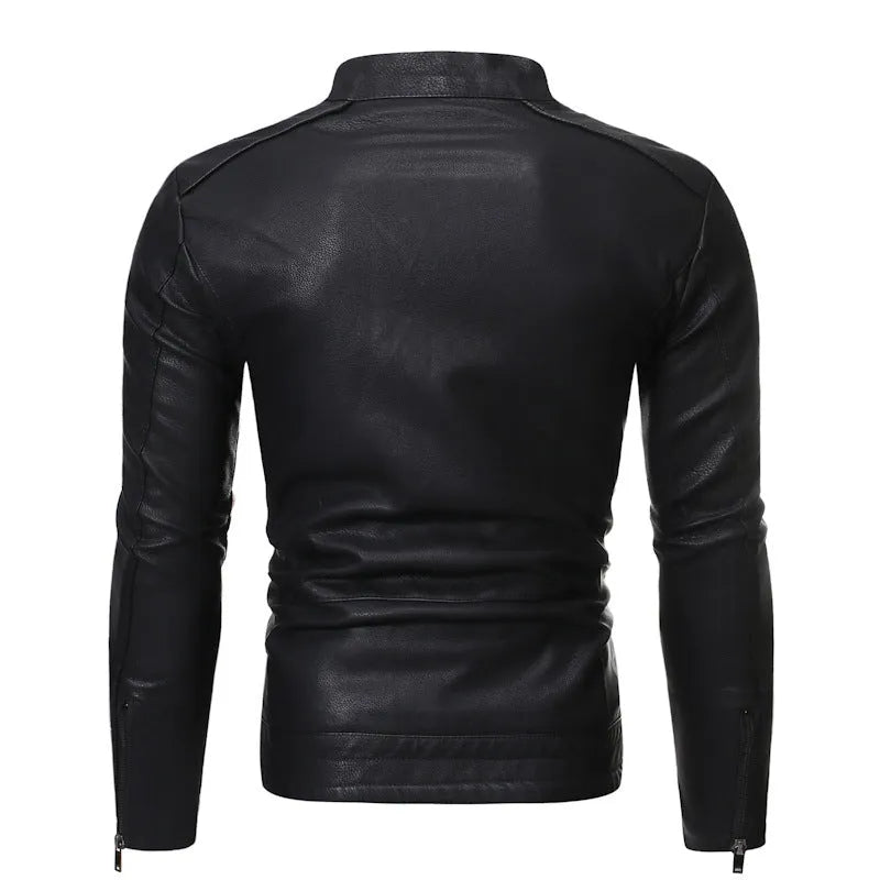 Men's loose-fit leather motorcycle jacket with lapel collar and zipper, available in Black, Brown, Green, Grey