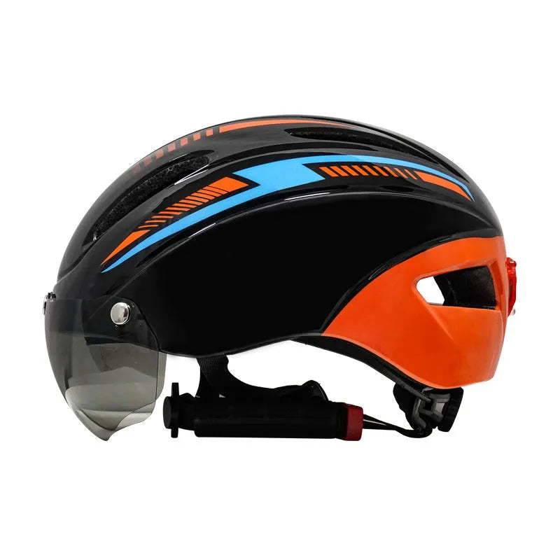 Adult bicycle helmet with integrated taillight restraint in multiple colour options including orange blue black