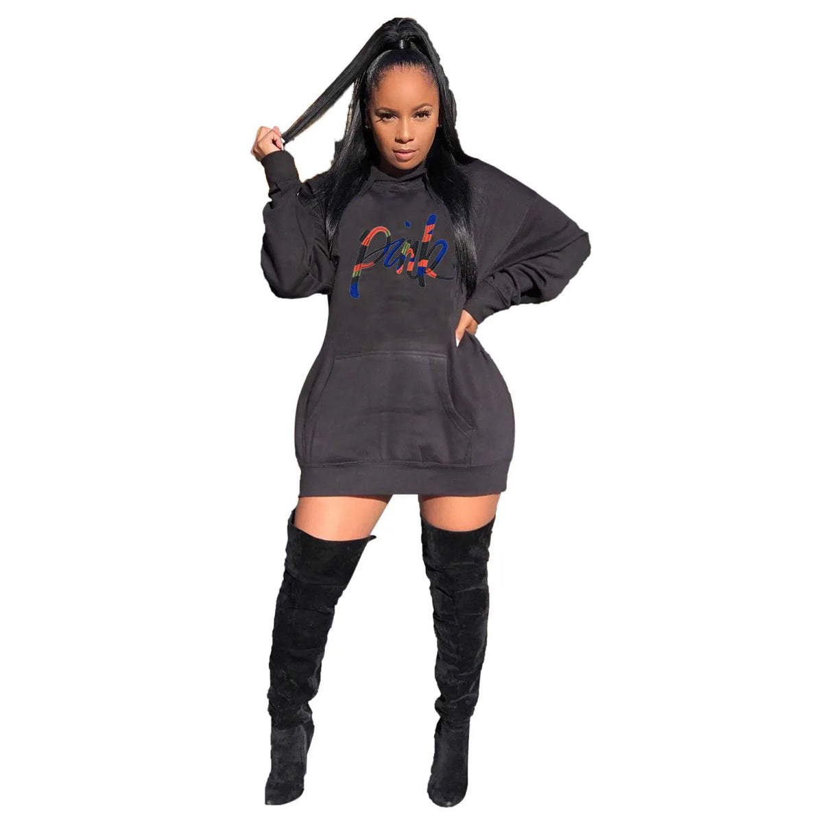 Casual solid colour embroidered letter bat sleeve hooded dress in blue against white background
