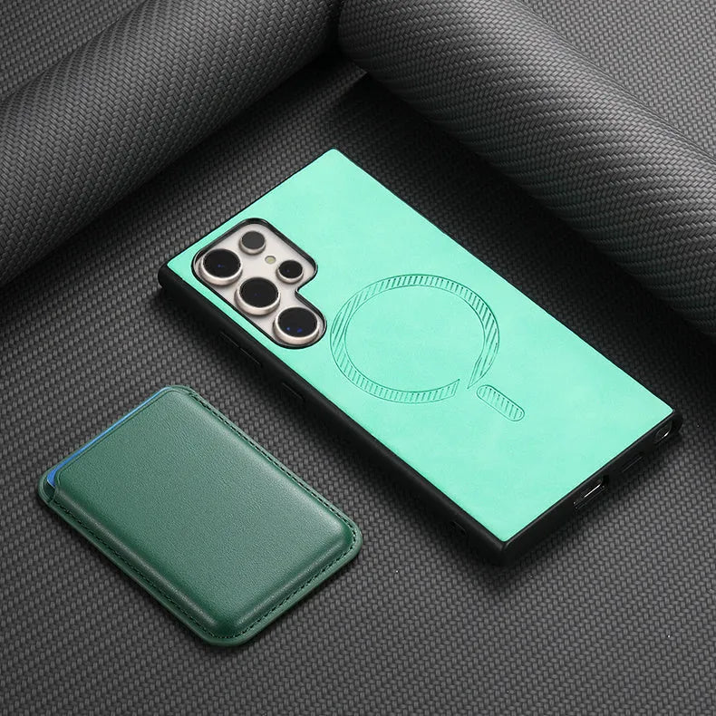 Ultra-thin silicone anti-fall phone cover for Samsung Galaxy with card case and magnetic charging support in black colour