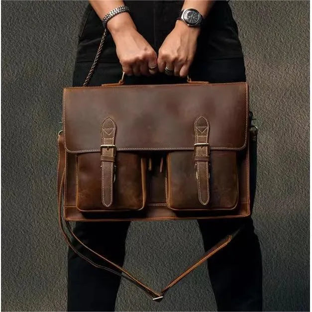 Cowhide leather crossbody computer bag in black coffee colour with anti-theft features and business design