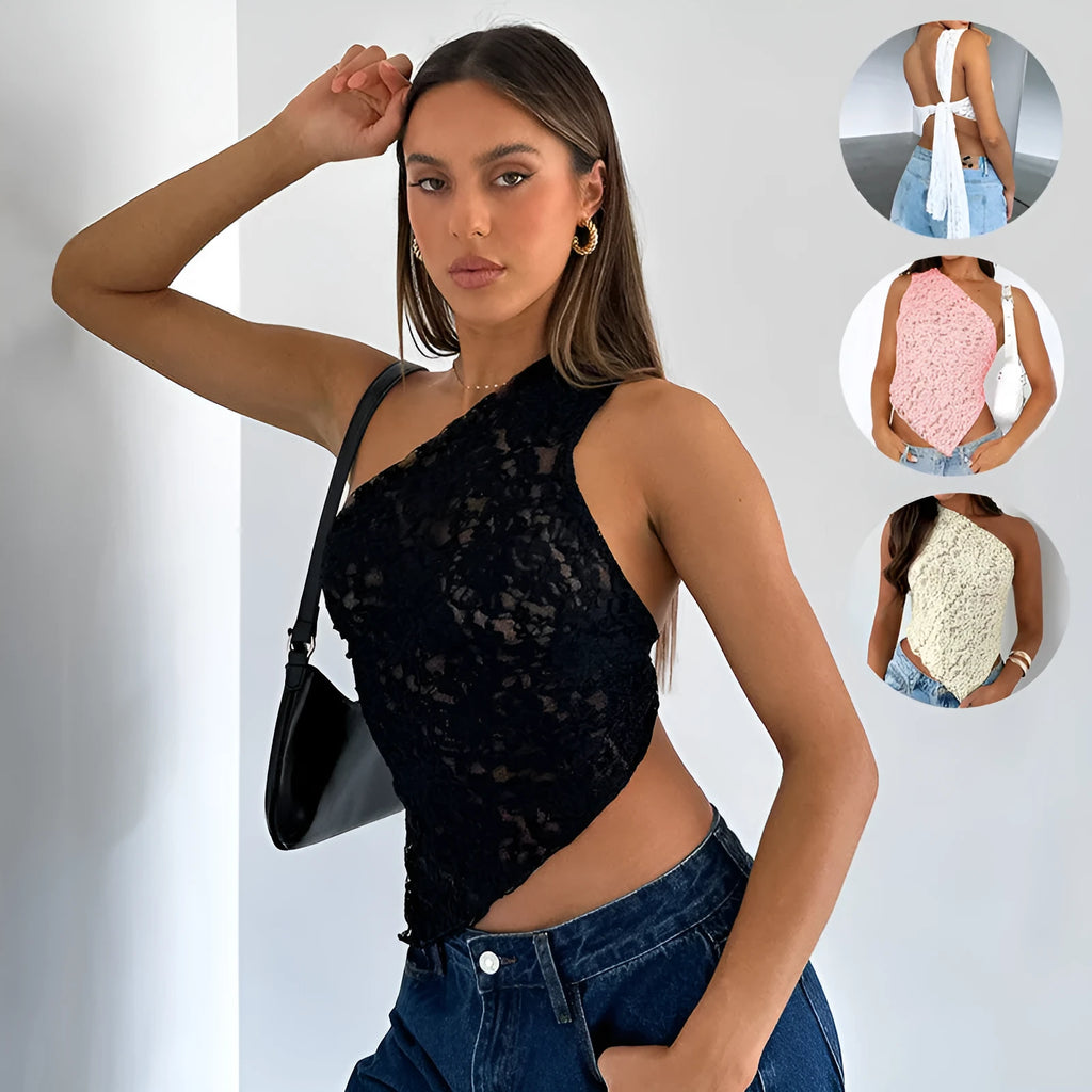 Women's backless lace sleeveless top with asymmetrical neckline in solid colour streetwear style