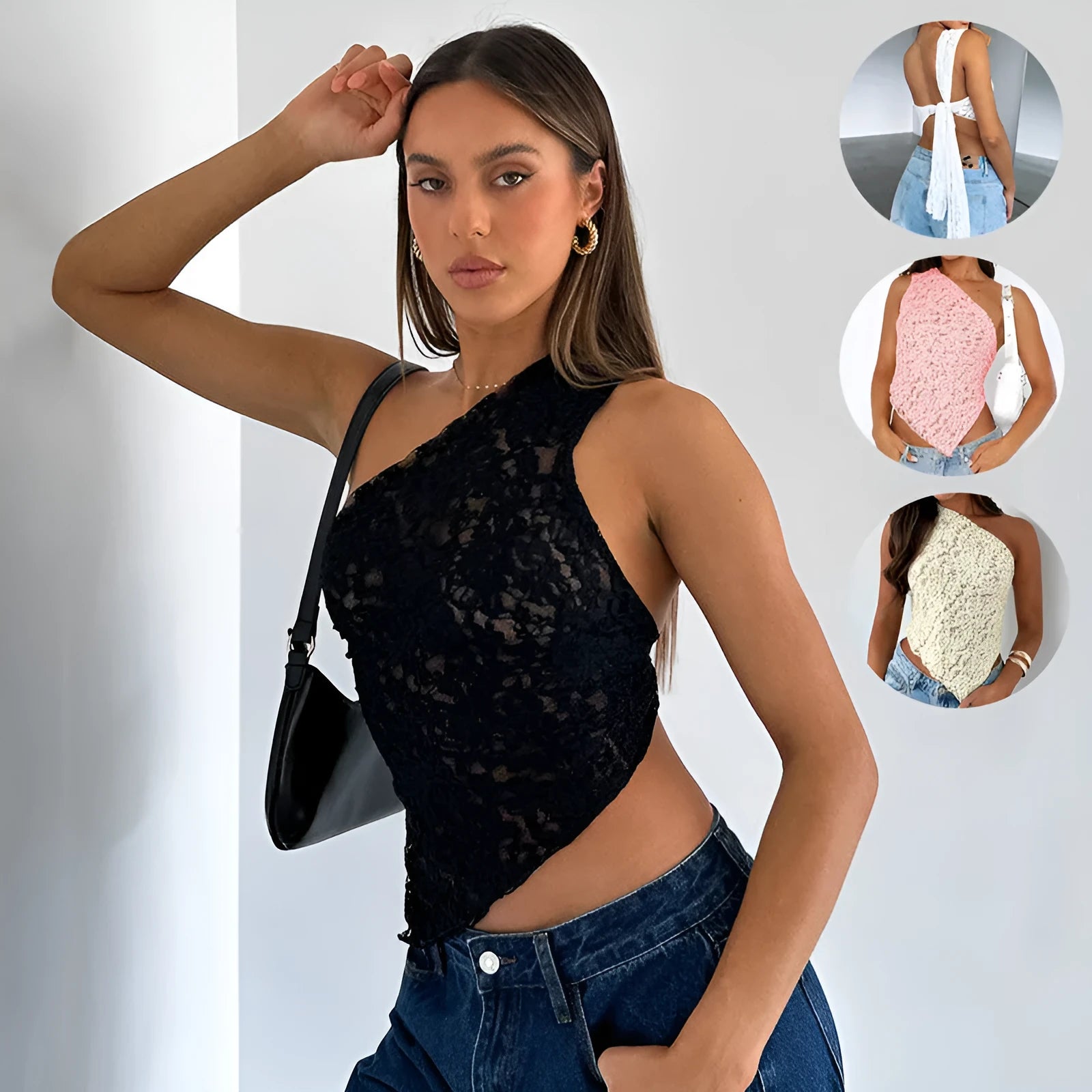 Women's backless lace sleeveless top with asymmetrical neckline in solid colour streetwear style