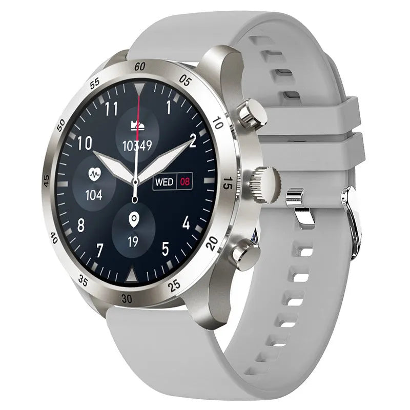 Black Bluetooth smart watch for Apple iOS with a steel strap, showing call and health monitoring functions on its display.