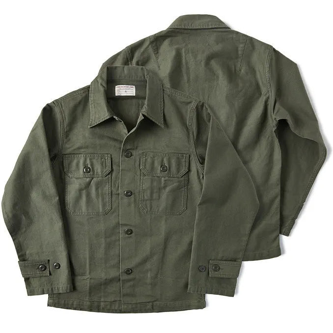Olive green cotton satin men's work shirt with slim fit cardigan style on a white background