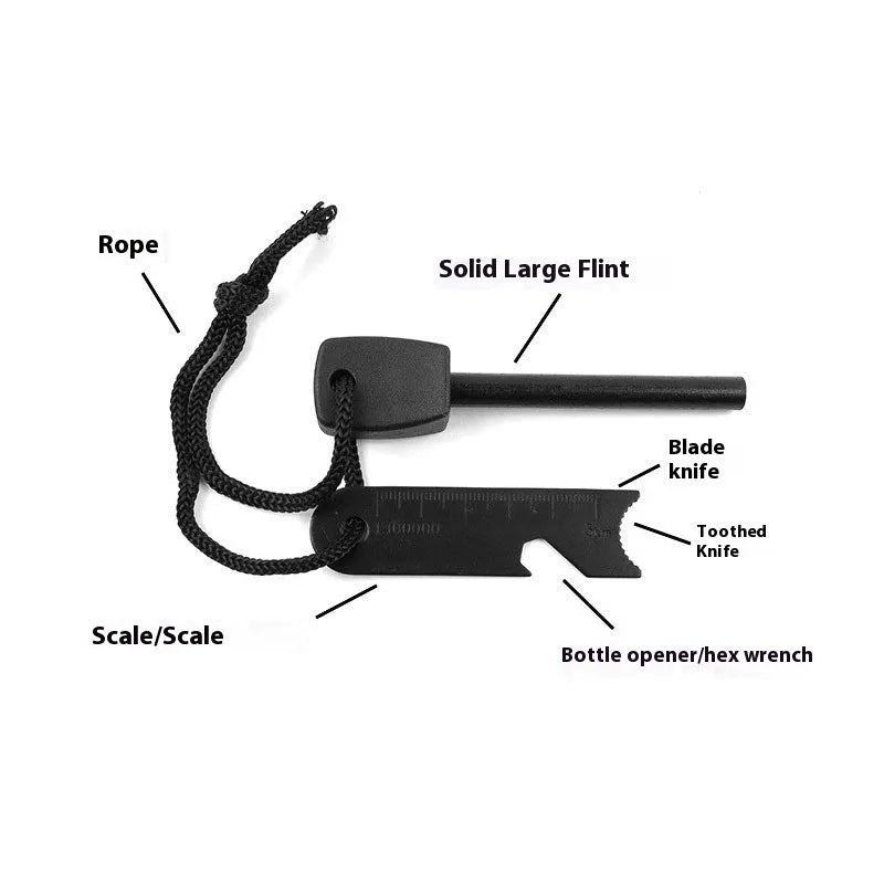 Black outdoor survival flint tool with magnesium rod, stainless steel scraper, whistle, and measurement scale.